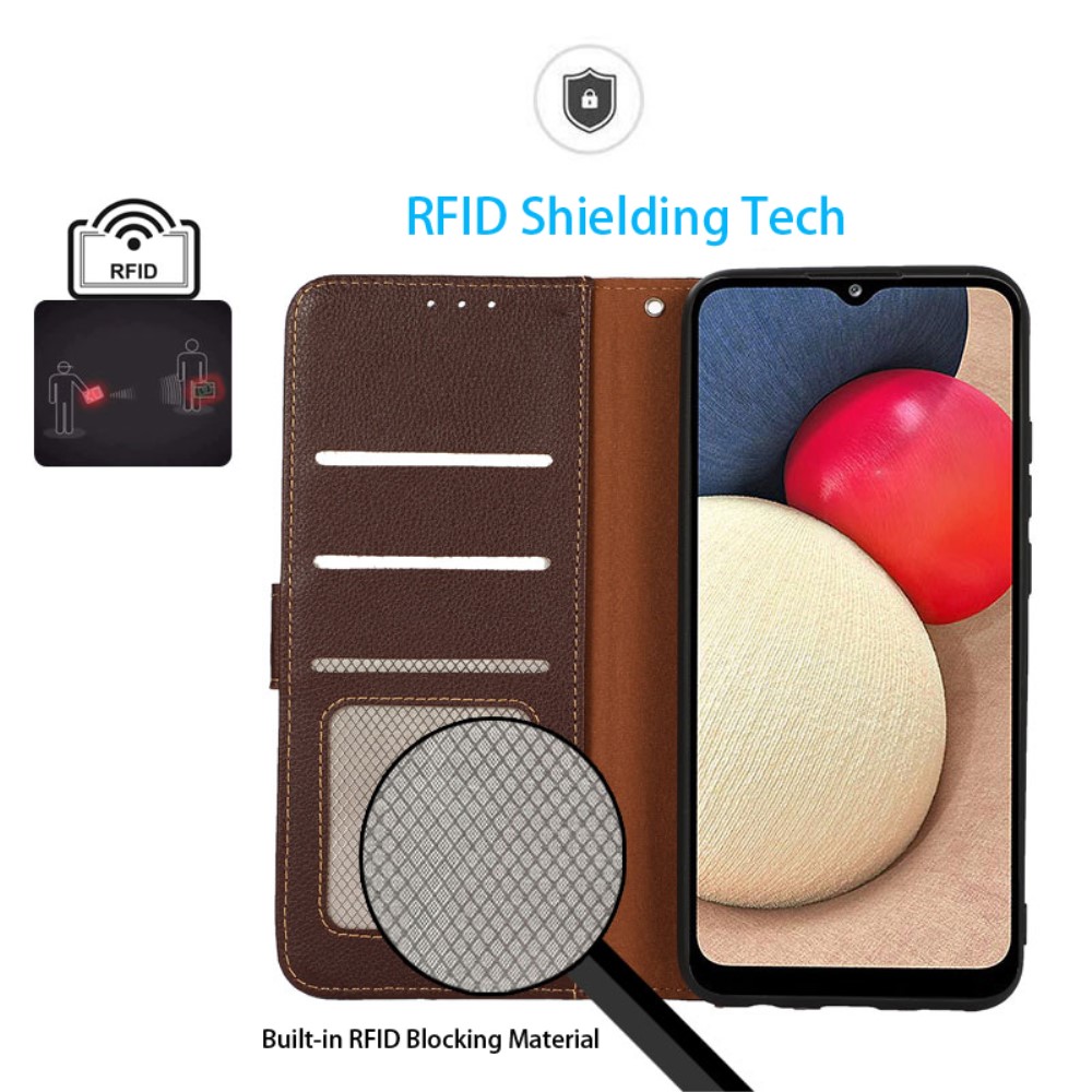 KHAZNEH KHAZNEH iPhone 15 Fodral RFID Litchi Läder Brun - Teknikhallen.se