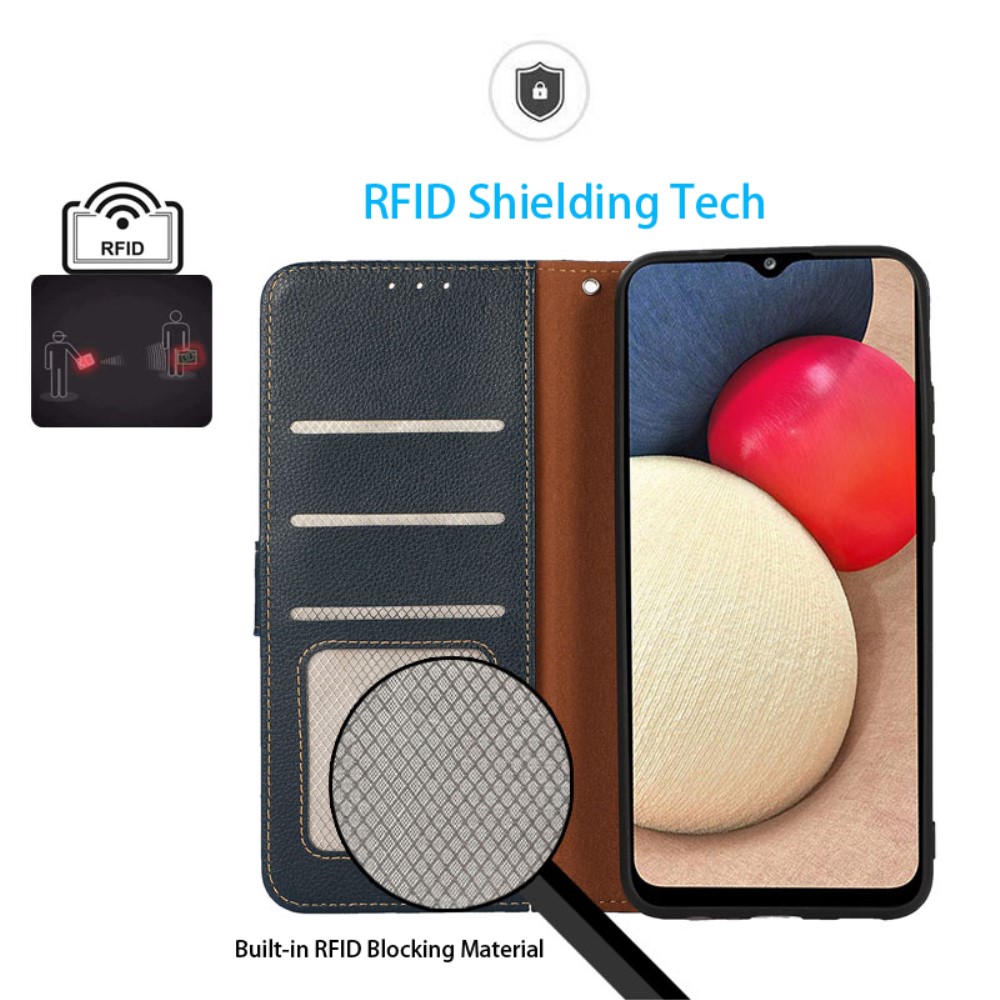 KHAZNEH KHAZNEH iPhone 15 Fodral RFID Litchi Läder Blå - Teknikhallen.se