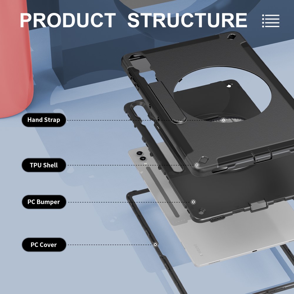  Samsung Galaxy Tab S9 Ultra Skal 360 Rotation Shockproof Med Rem - Teknikhallen.se