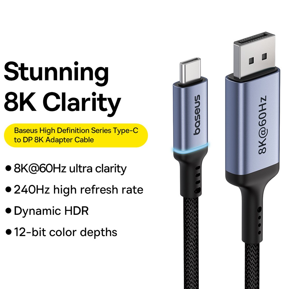 BASEUS Baseus 2m USB-C - DisplayPort Nylon Kabel 8K 60Hz Svart - Teknikhallen.se