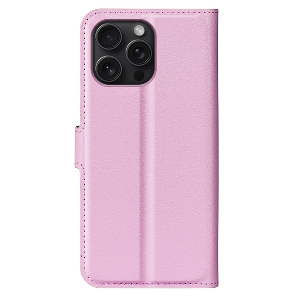  iPhone 16 Pro Max Fodral Litchi Lder Textur Ljus Rosa - Teknikhallen.se