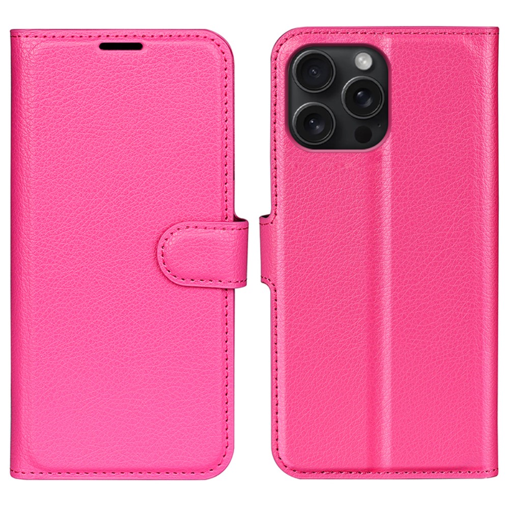  iPhone 16 Pro Max Fodral Litchi Lder Textur Rosa - Teknikhallen.se