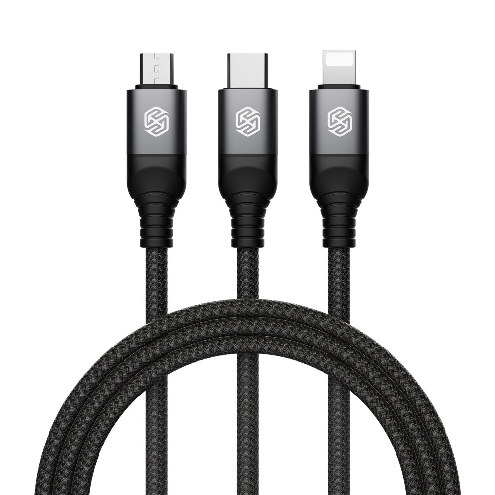 NILLKIN NILLKIN 4.4A 3in1 Lightning/USB-C/MicroUSB Laddningskabel Nylon Svart - Teknikhallen.se