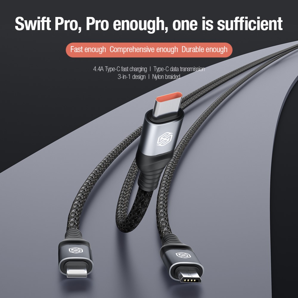 NILLKIN NILLKIN 4.4A 3in1 Lightning/USB-C/MicroUSB Laddningskabel Nylon Svart - Teknikhallen.se