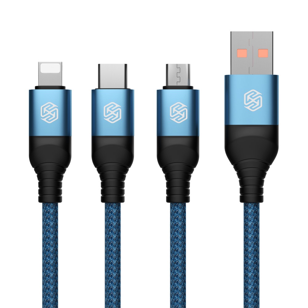 NILLKIN NILLKIN 4.4A 3in1 Lightning/USB-C/MicroUSB Laddningskabel Nylon Blå - Teknikhallen.se