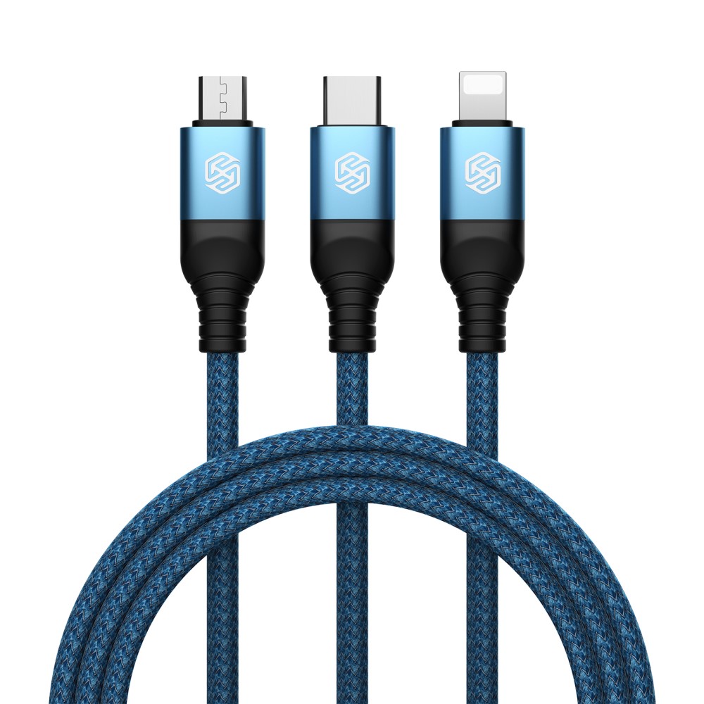 NILLKIN NILLKIN 4.4A 3in1 Lightning/USB-C/MicroUSB Laddningskabel Nylon Blå - Teknikhallen.se