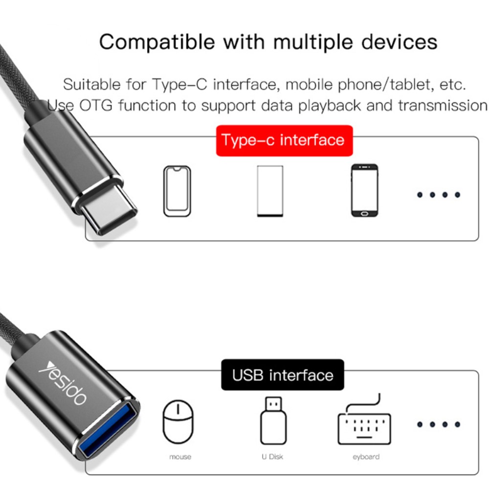 YESIDO YESIDO USB-C Hane - USB-A Hona Adapter Kabel Svart - Teknikhallen.se