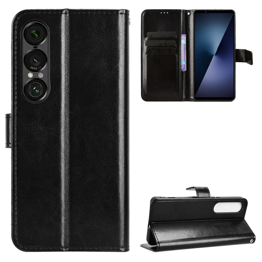  Sony Xperia 1 VII Fodral Crazy Horse Läder Svart - Teknikhallen.se