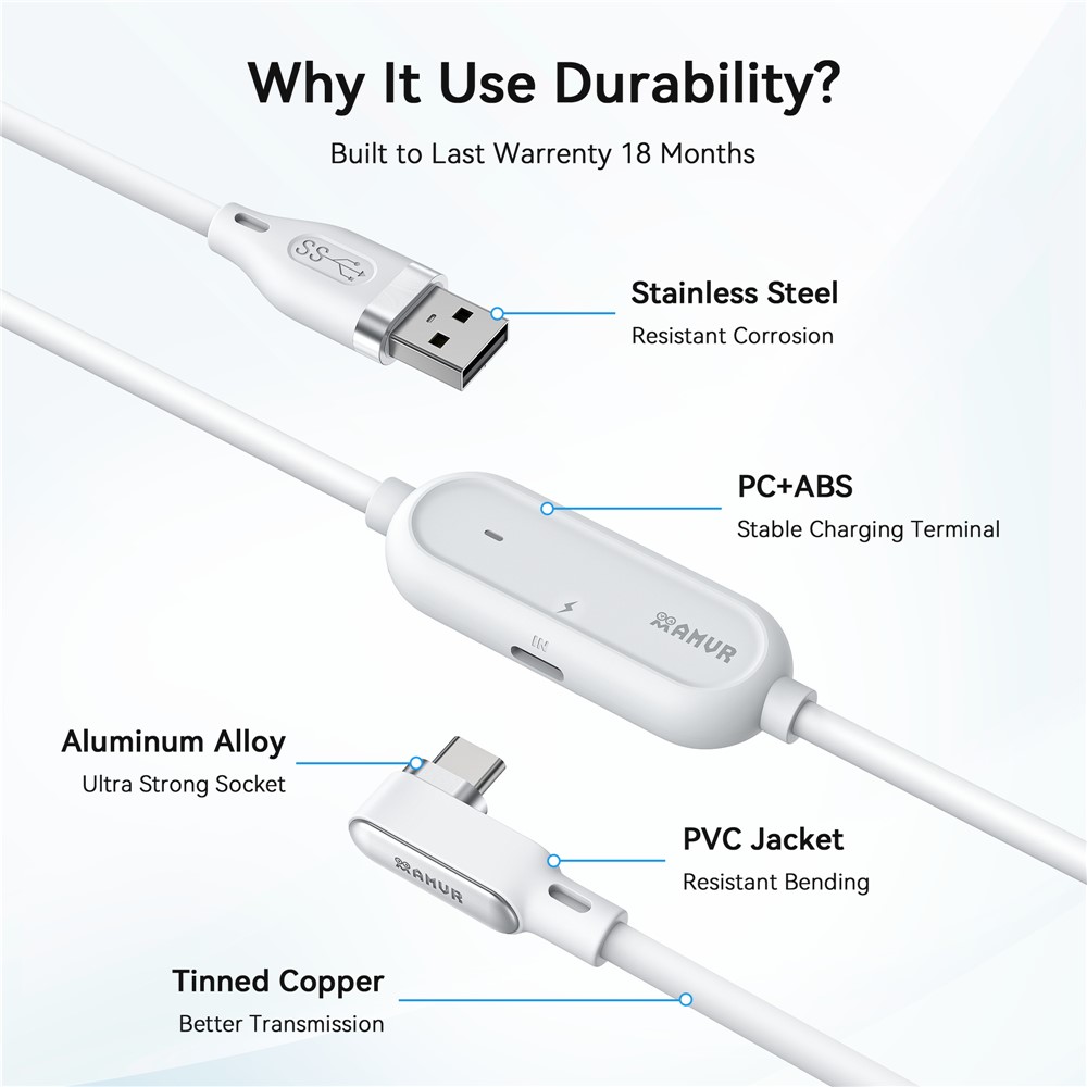 AMVR AMVR 5m 18W Link Kabel Med Laddningsport USB-C Vit - Teknikhallen.se