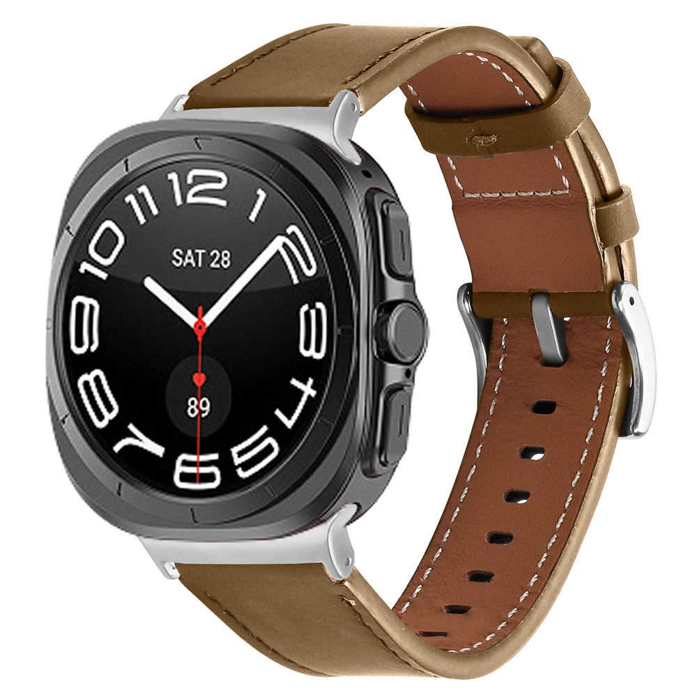  Galaxy Watch 8 46/44/40 mm Armband Äkta Läder Ljus Brun - Teknikhallen.se