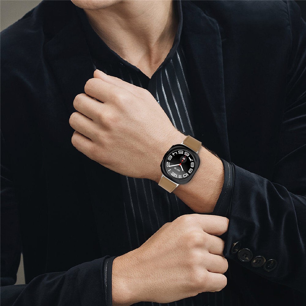  Galaxy Watch 8 46/44/40 mm Armband Äkta Läder Ljus Brun - Teknikhallen.se