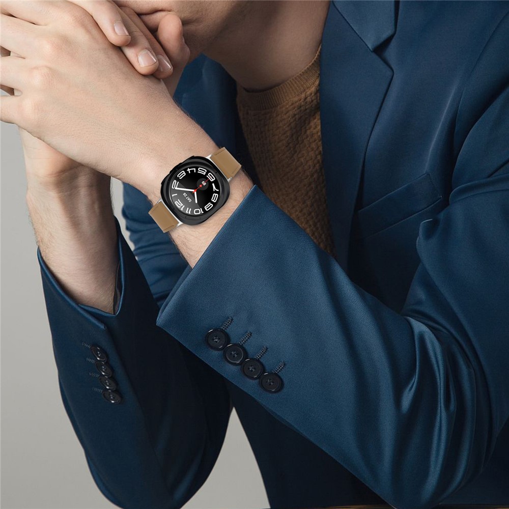  Galaxy Watch 8 46/44/40 mm Armband Äkta Läder Ljus Brun - Teknikhallen.se