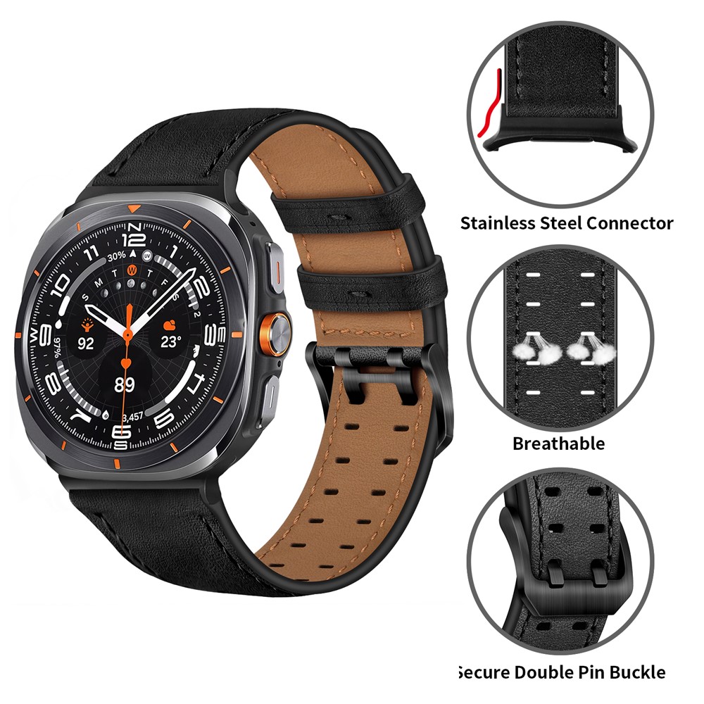  Samsung Galaxy Watch 8 46/44/40 mm Armband Äkta Läder Svart - Teknikhallen.se