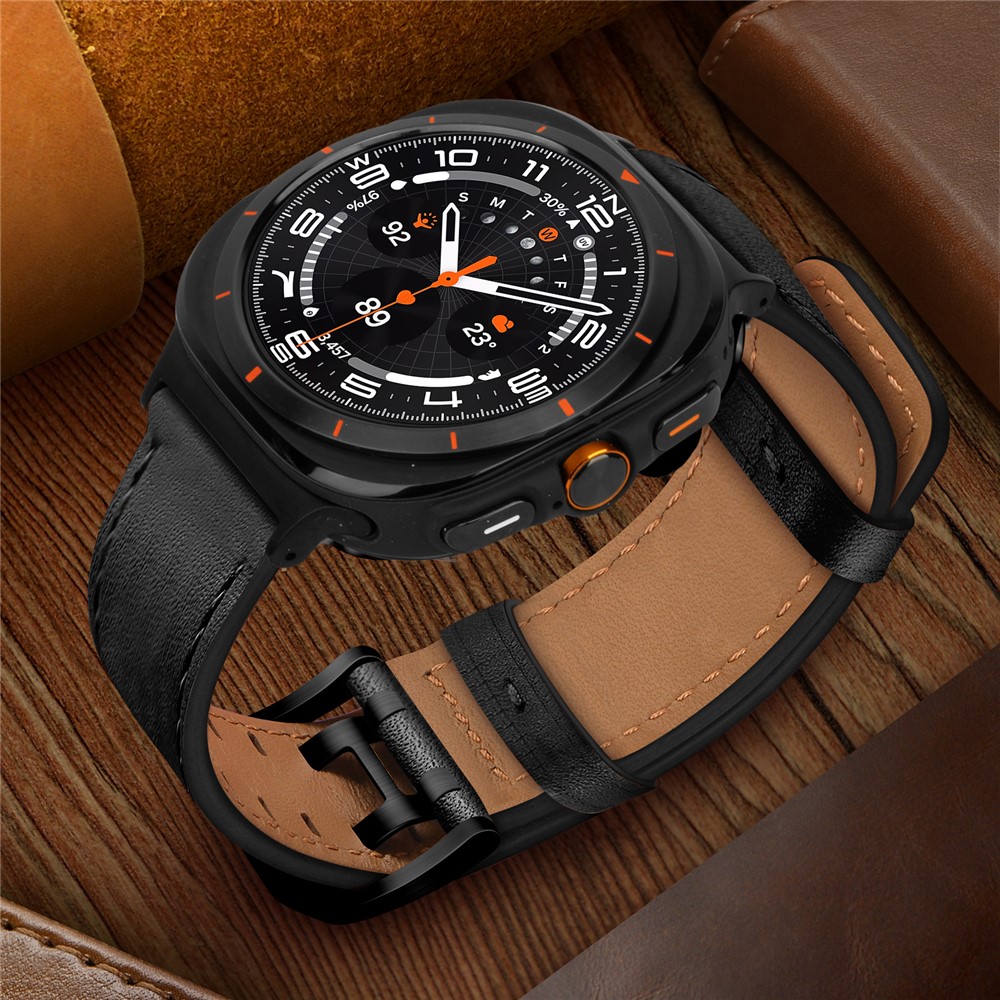  Samsung Galaxy Watch 8 46/44/40 mm Armband Äkta Läder Svart - Teknikhallen.se