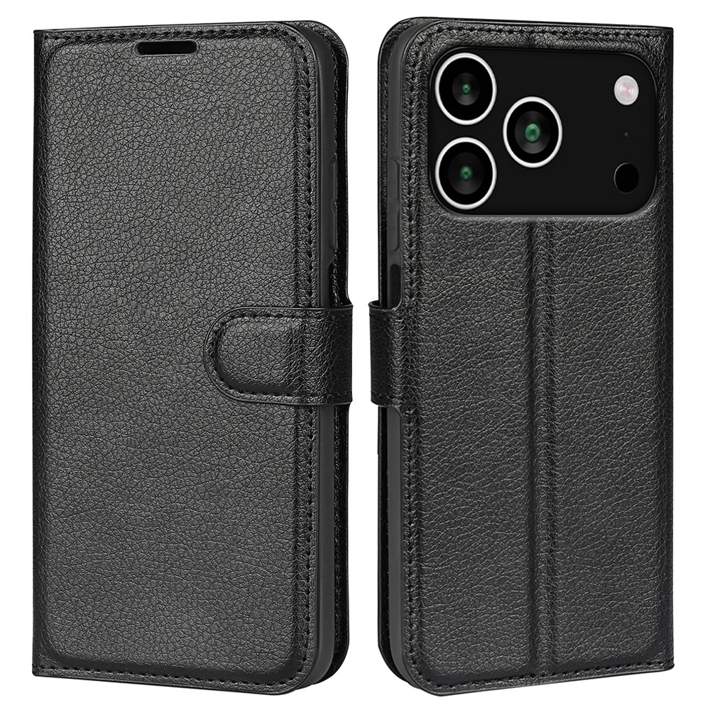  iPhone 17 Pro Fodral Litchi Läder Svart - Teknikhallen.se