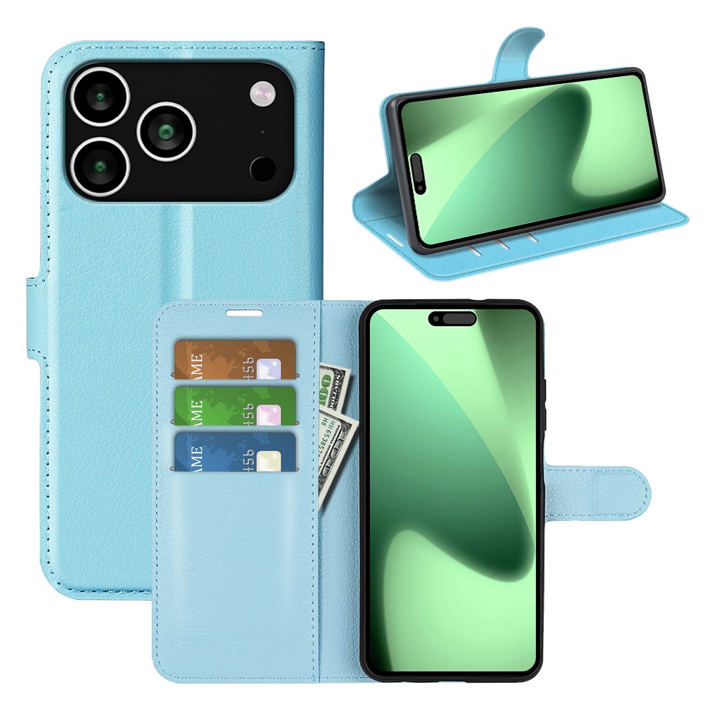  iPhone 17 Pro Fodral Litchi Läder Blå - Teknikhallen.se