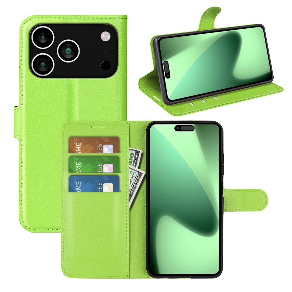  iPhone 17 Pro Fodral Litchi Läder Grön - Teknikhallen.se