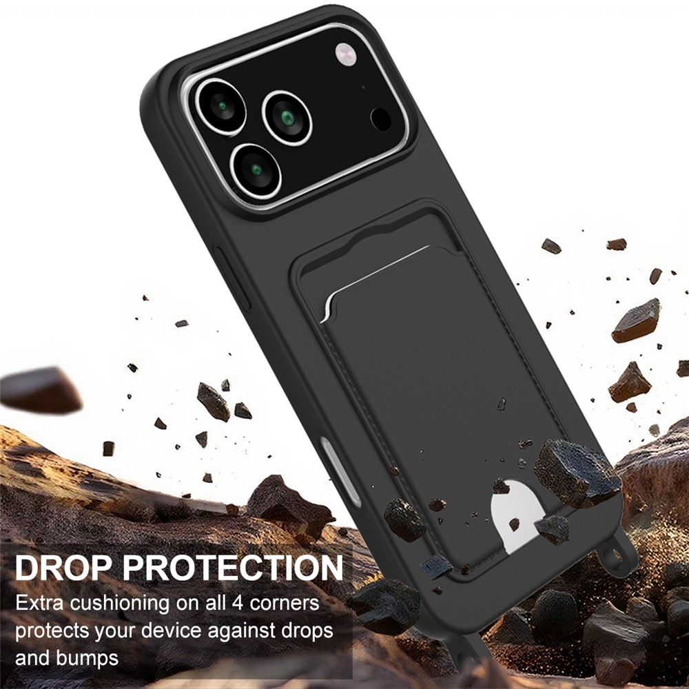  iPhone 17 Pro Skal Med Kortfack & Mobilsnöre Silikon Svart - Teknikhallen.se