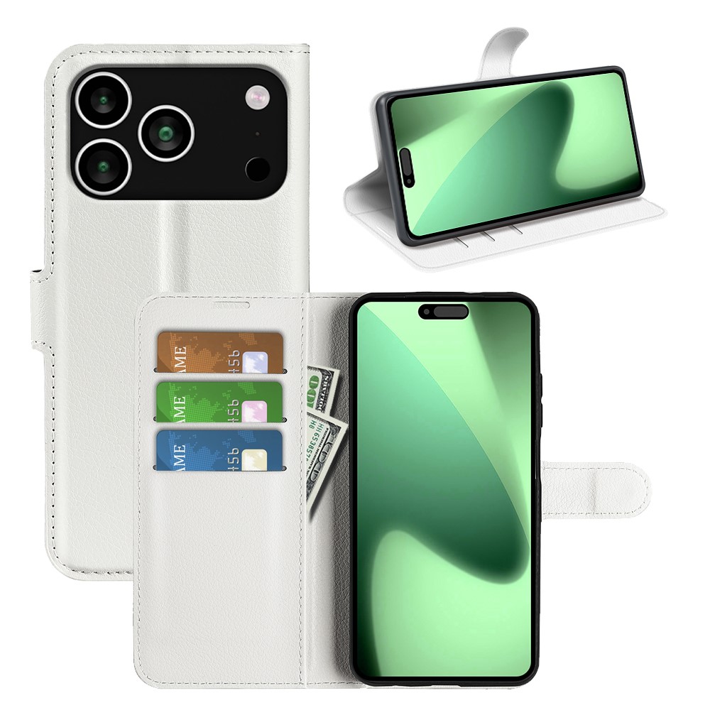  iPhone 17 Pro Max Fodral Litchi Läder Vit - Teknikhallen.se