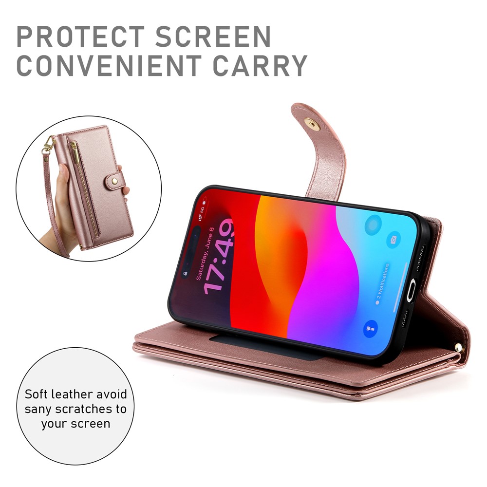  iPhone 17 Pro Max Fodral Multifunktionell Läder Roséguld - Teknikhallen.se