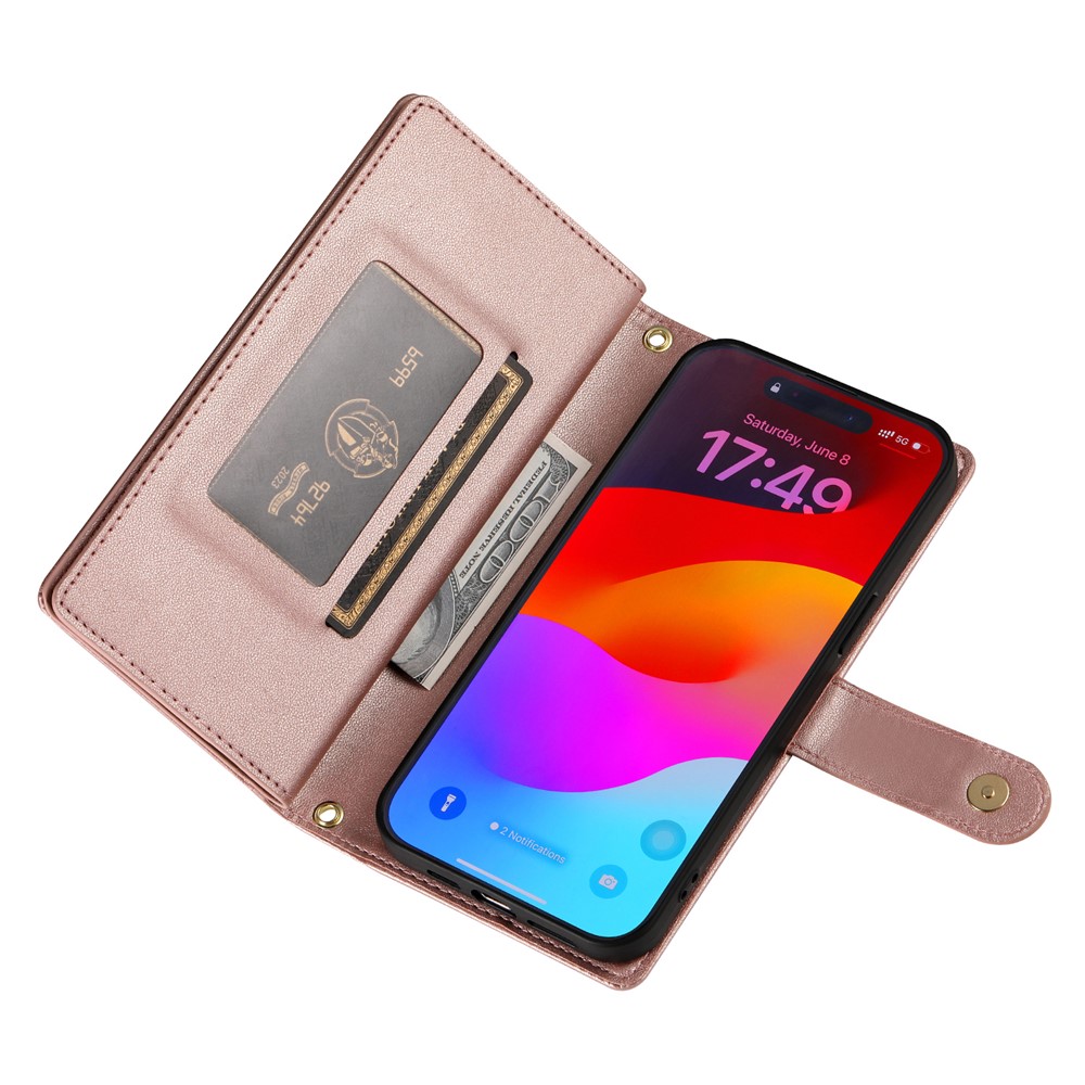  iPhone 17 Pro Max Fodral Multifunktionell Läder Roséguld - Teknikhallen.se