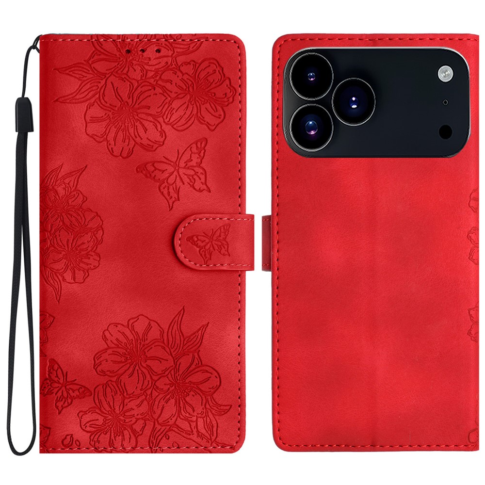  iPhone 17 Pro Max Fodral Med Blommigt Tryck Läder Röd - Teknikhallen.se