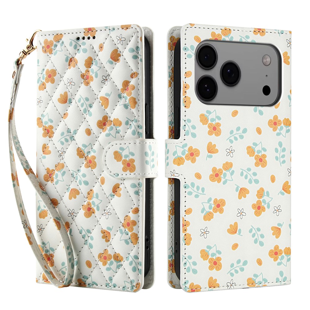  iPhone 17 Pro Fodral Rhombus Läder Blommor Vit - Teknikhallen.se