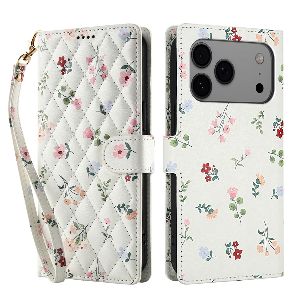  iPhone 17 Pro Fodral Rhombus Läder Blommor Vit - Teknikhallen.se