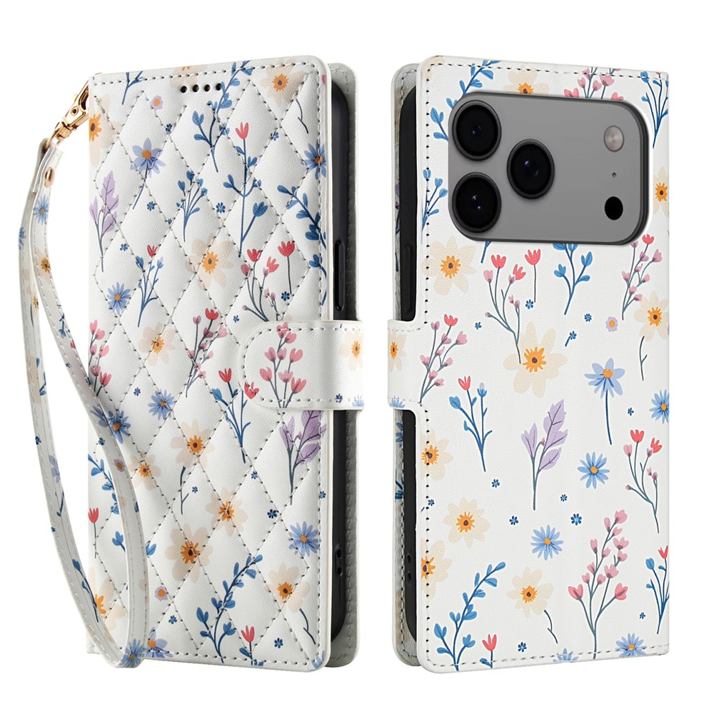  iPhone 17 Pro Fodral Rhombus Läder Blommor Vit - Teknikhallen.se