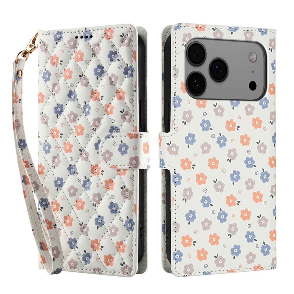  iPhone 17 Pro Fodral Rhombus Läder Blommor Vit - Teknikhallen.se