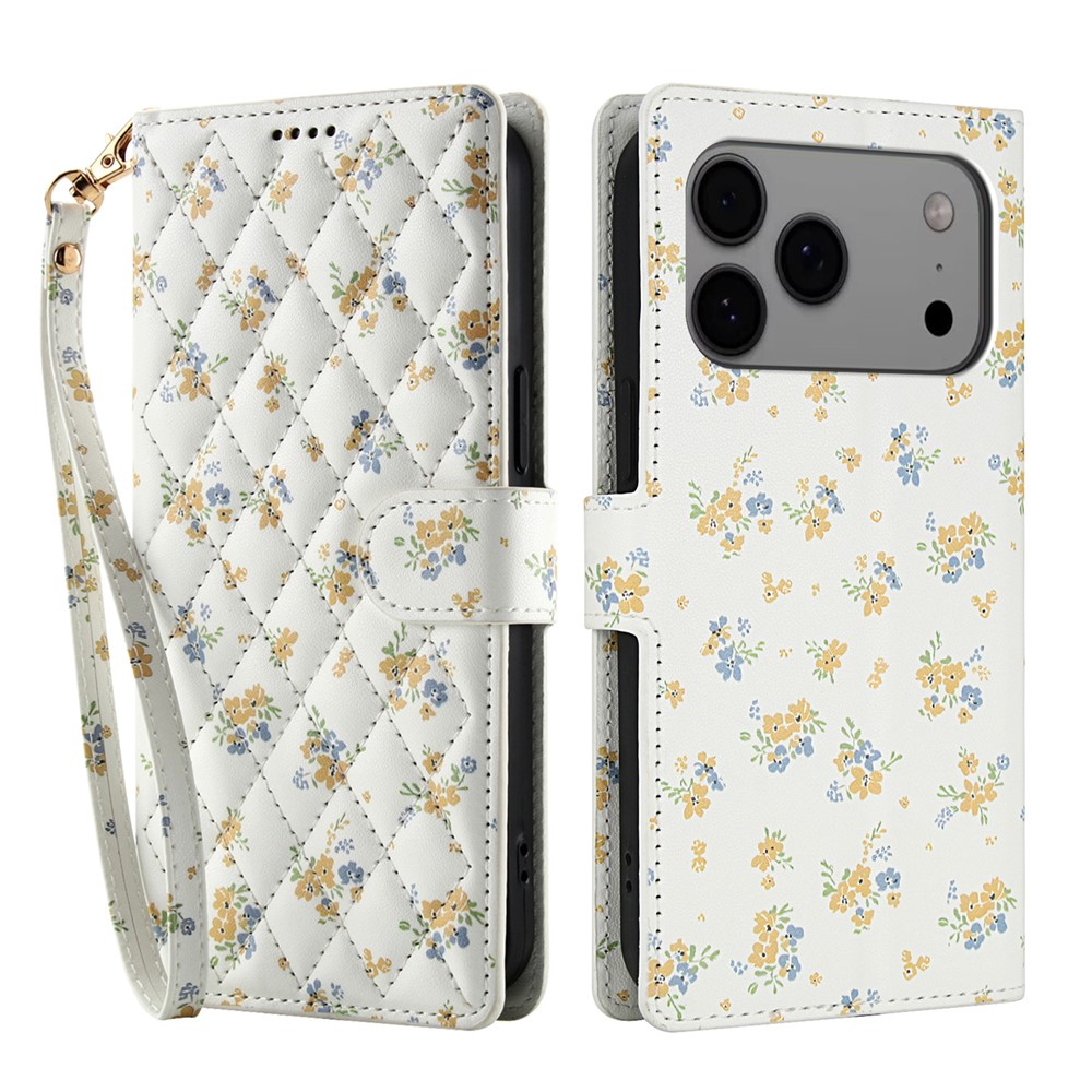  iPhone 17 Pro Fodral Rhombus Läder Blommor Vit - Teknikhallen.se