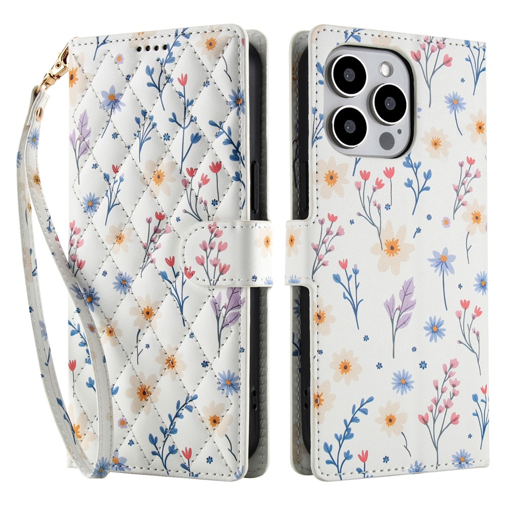  iPhone 16 Pro Max Fodral Rhombus Läder Blommor Vit - Teknikhallen.se