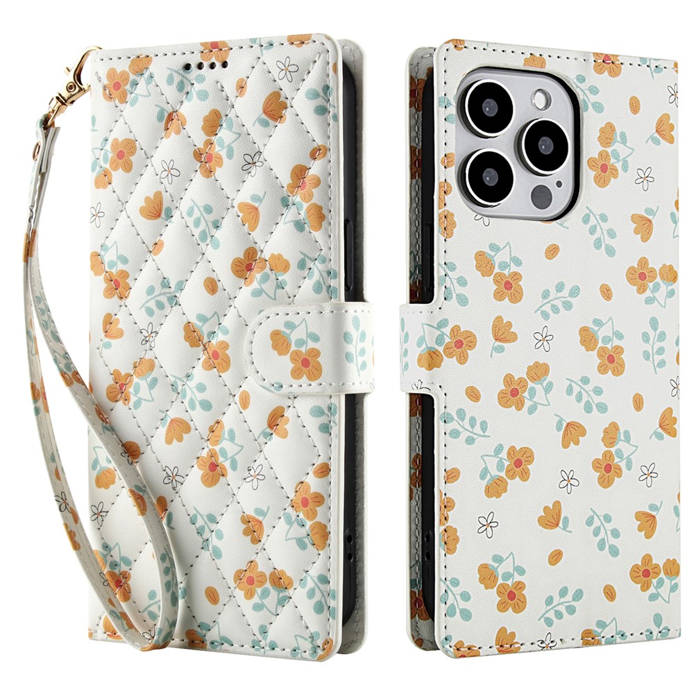  iPhone 16 Pro Max Fodral Rhombus Läder Blommor Vit - Teknikhallen.se