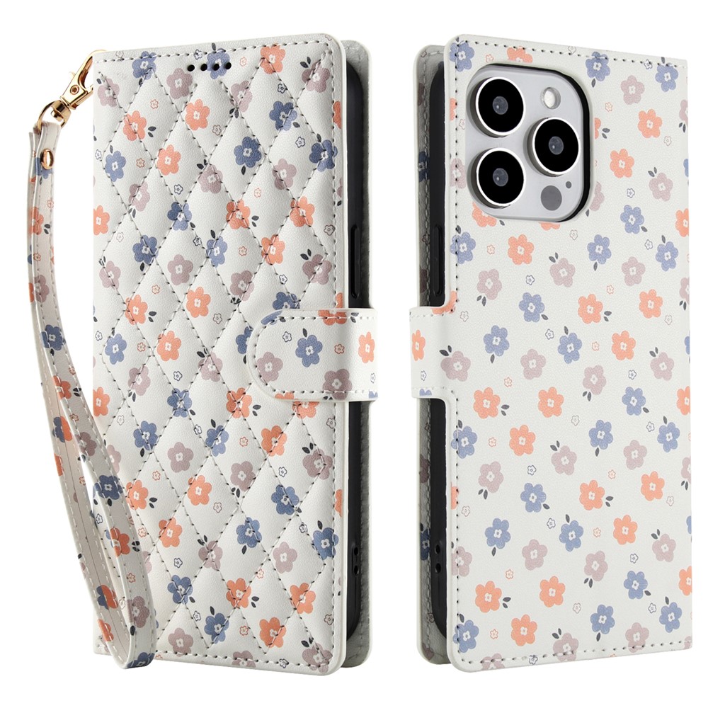  iPhone 16 Pro Max Fodral Rhombus Läder Blommor Vit - Teknikhallen.se