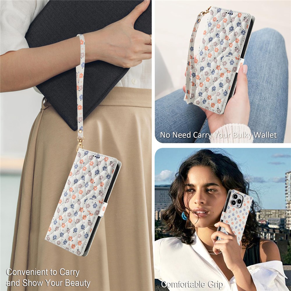  iPhone 16 Pro Max Fodral Rhombus Läder Blommor Vit - Teknikhallen.se