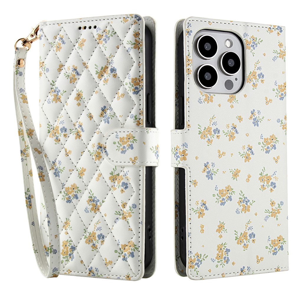  iPhone 16 Pro Max Fodral Rhombus Läder Blommor Vit - Teknikhallen.se