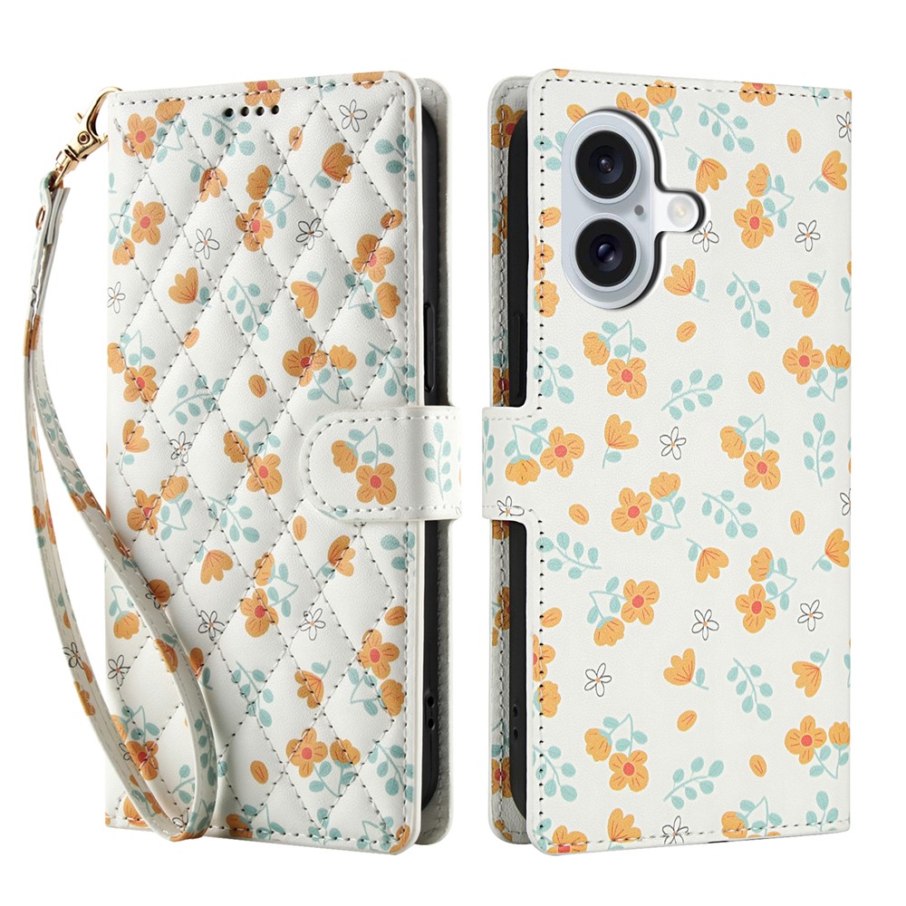  iPhone 16 Fodral Rhombus Läder Blommor Vit - Teknikhallen.se