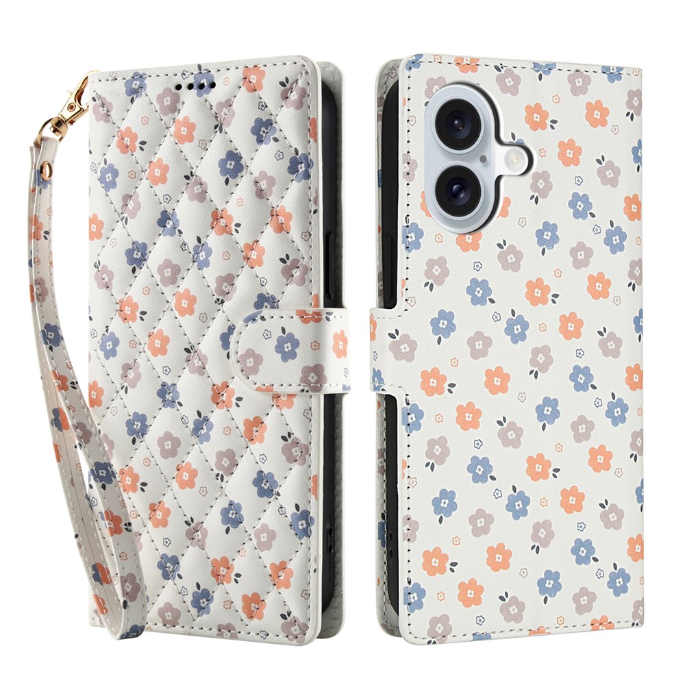  iPhone 16 Fodral Rhombus Läder Blommor Vit - Teknikhallen.se