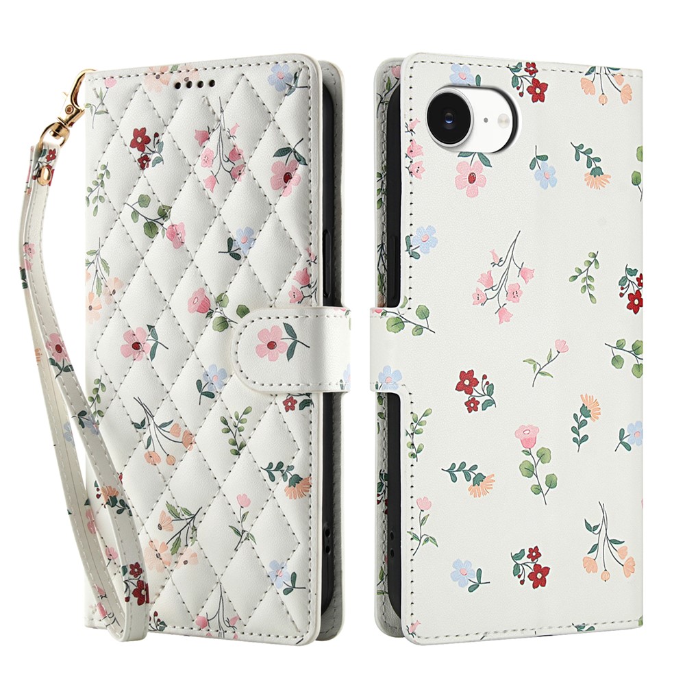  iPhone 16e Fodral Rhombus Läder Blommor Vit - Teknikhallen.se