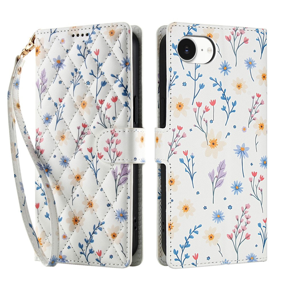  iPhone 16e Fodral Rhombus Läder Blommor Vit - Teknikhallen.se