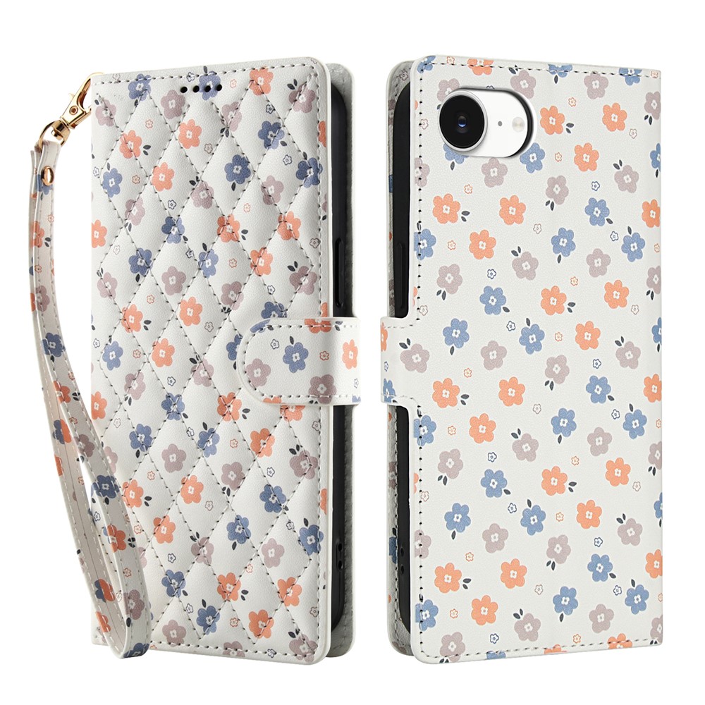  iPhone 16e Fodral Rhombus Läder Blommor Vit - Teknikhallen.se