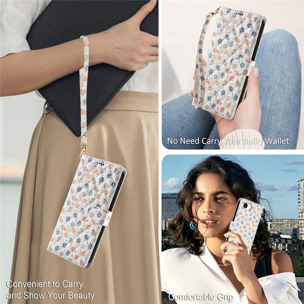  iPhone 16e Fodral Rhombus Läder Blommor Vit - Teknikhallen.se