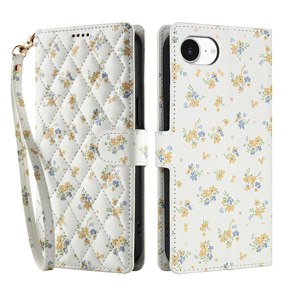  iPhone 16e Fodral Rhombus Läder Blommor Vit - Teknikhallen.se