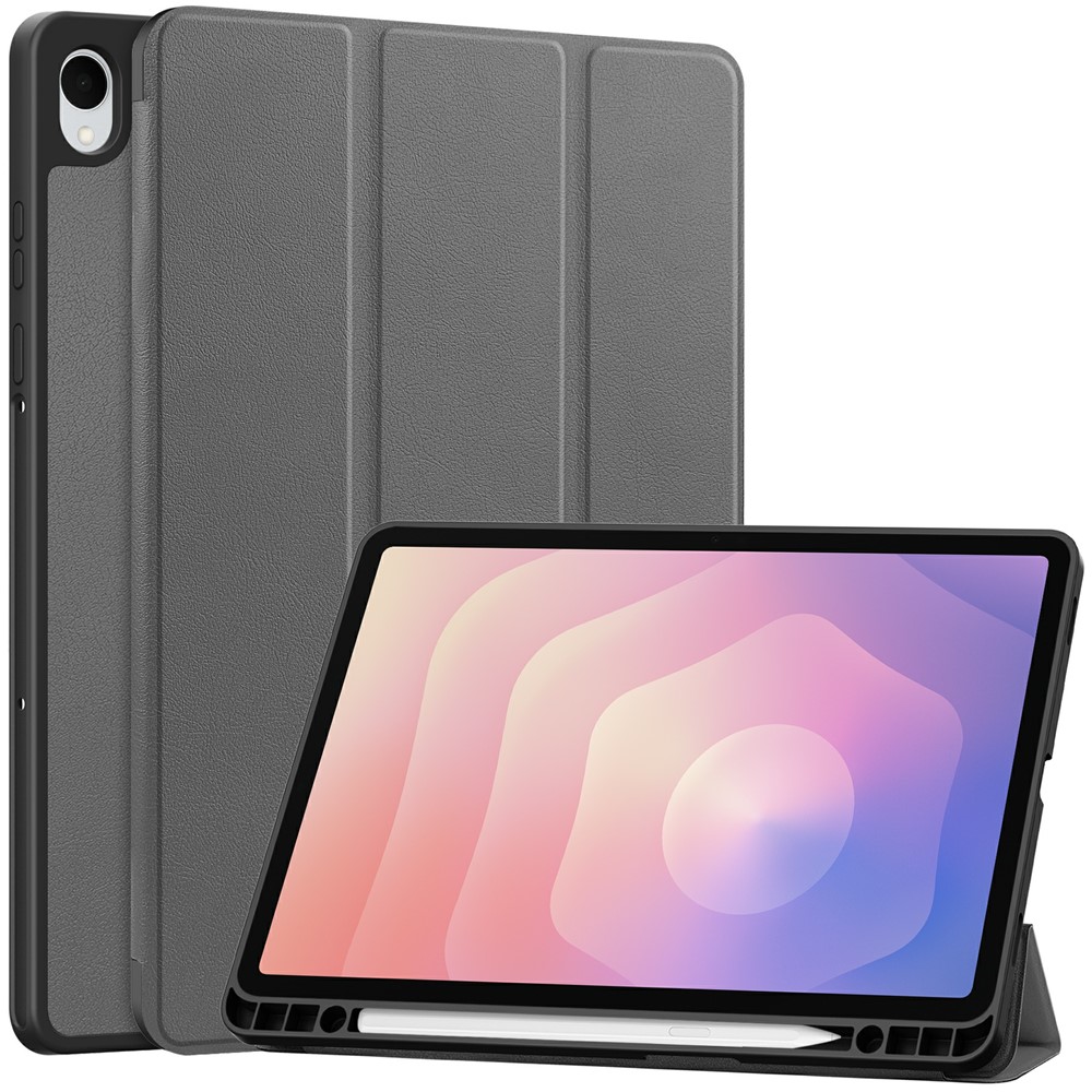  Samsung Galaxy Tab S11 Fodral Tri-Fold Läder Grå - Teknikhallen.se