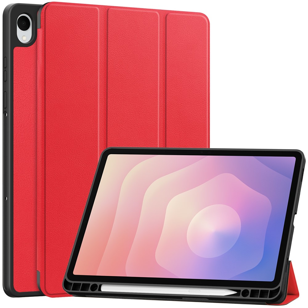 Samsung Galaxy Tab S11 Fodral Tri-Fold Läder Röd - Teknikhallen.se