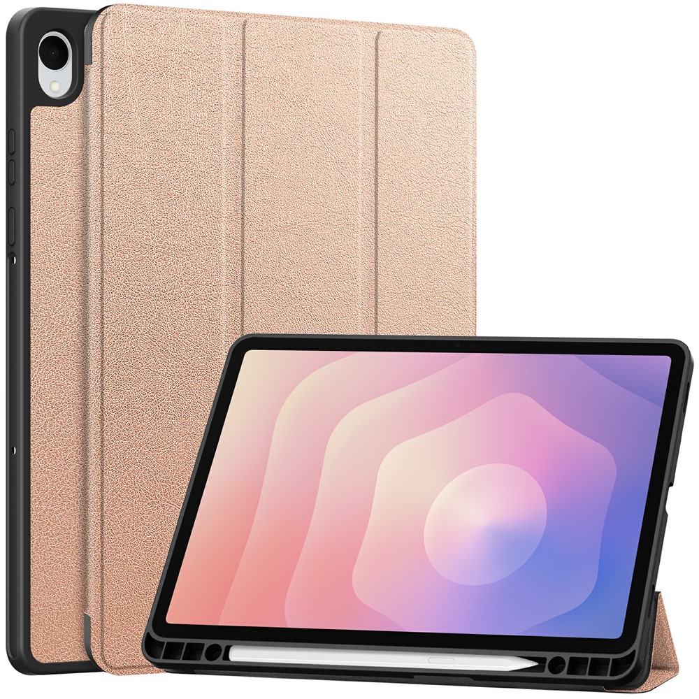  Samsung Galaxy Tab S11 Fodral Tri-Fold Läder Roséguld - Teknikhallen.se