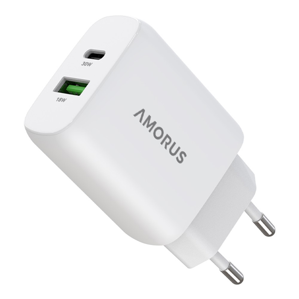 AMORUS Amorus 30W GaN PD QC USB-C / USB-A Väggladdare Vit - Teknikhallen.se
