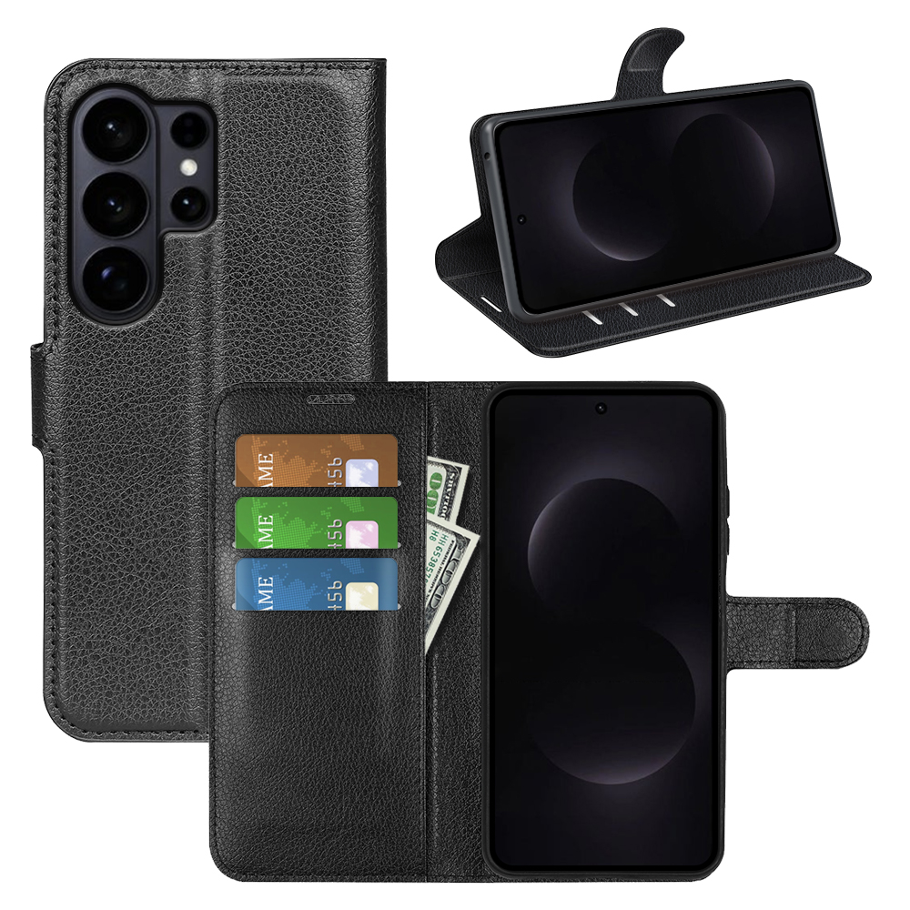  Samsung Galaxy S26 Ultra Fodral Litchi Läder Svart - Teknikhallen.se