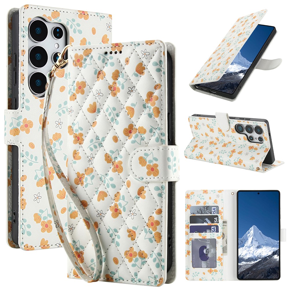  Samsung Galaxy S26 Ultra Fodral Rhombus Läder Blommor Vit - Teknikhallen.se