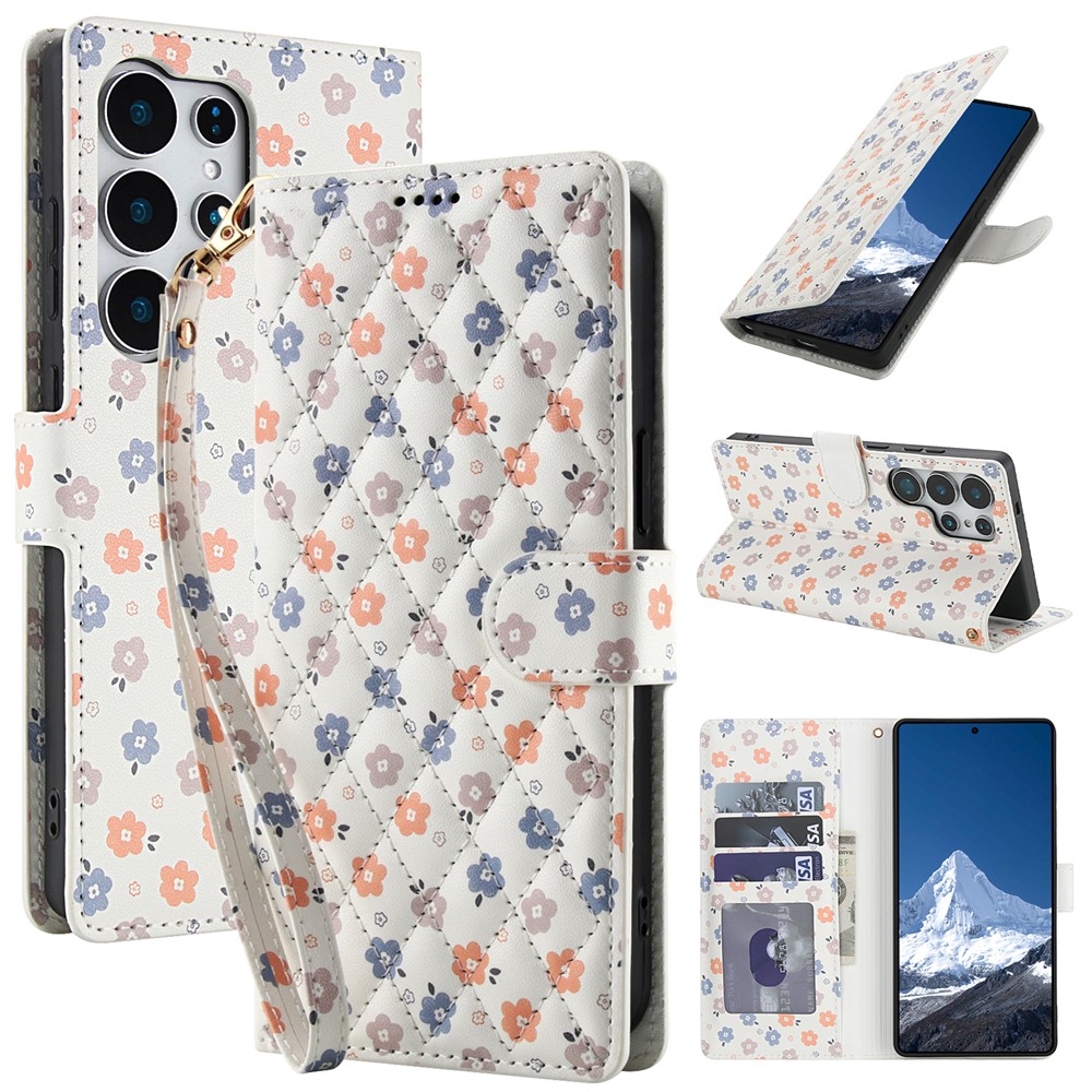  Samsung Galaxy S26 Ultra Fodral Rhombus Läder Blommor Vit - Teknikhallen.se